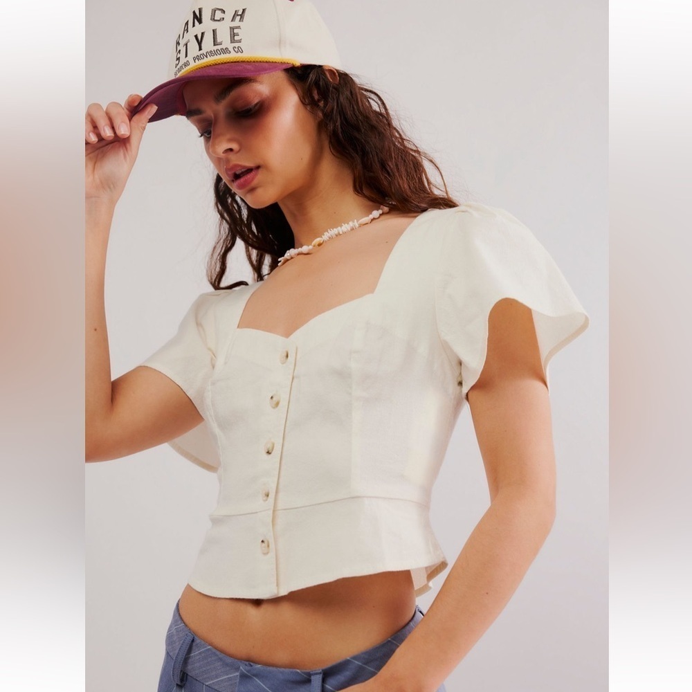 We The Free by Free People Button Front Flutter Sleeve Linen Top White Size: XS